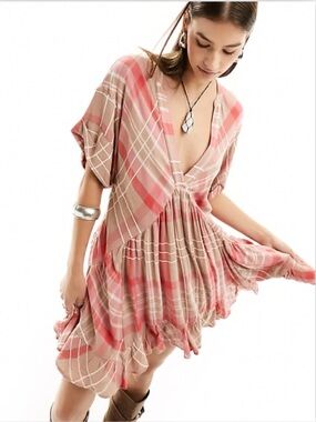 Free People Agnes Pink and Beige Plaid Mini Dress